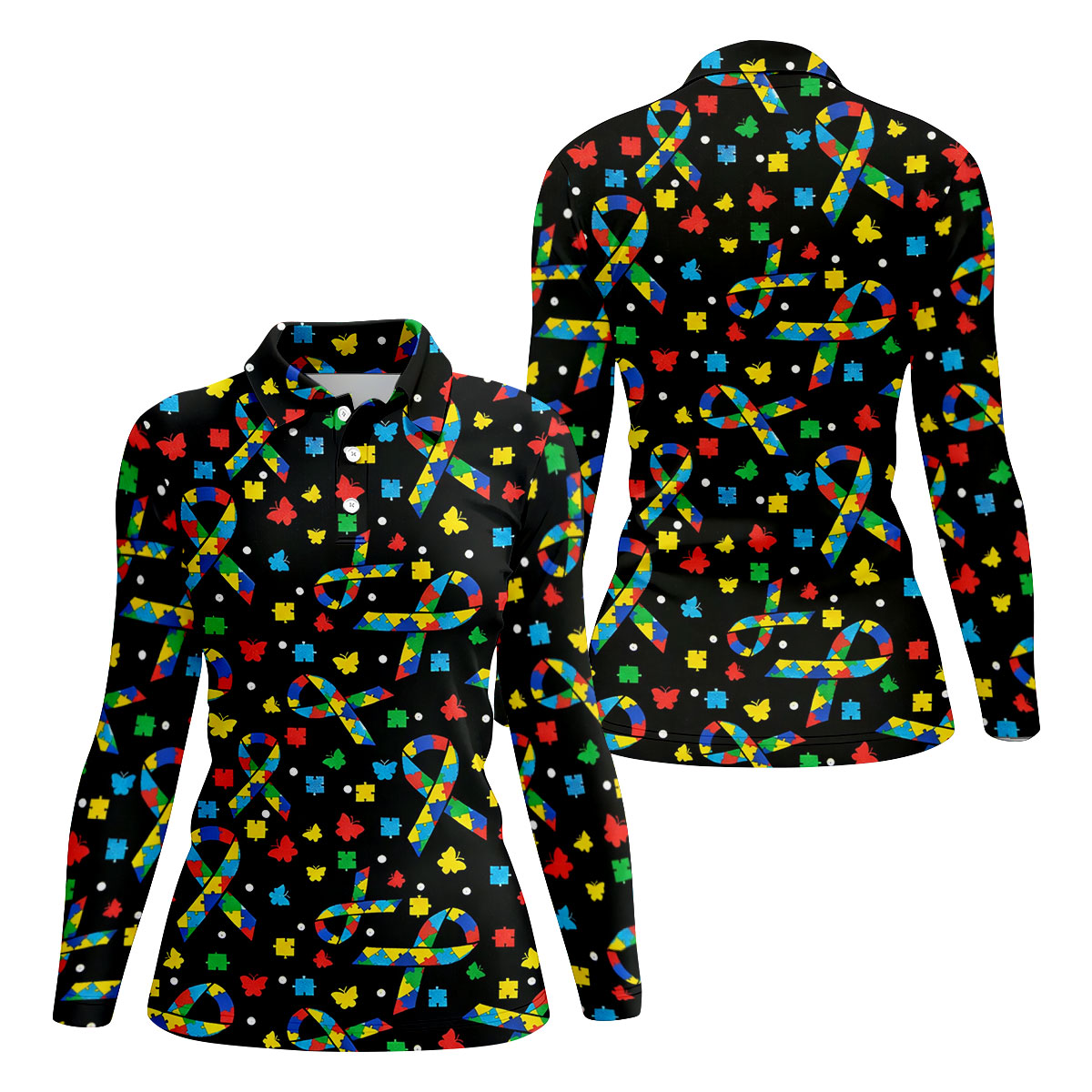 Autism Awareness Ribbon Colorful Butterflies Black Golf Shirt, Golf Shirt For Women, Ladies Golf Shirts