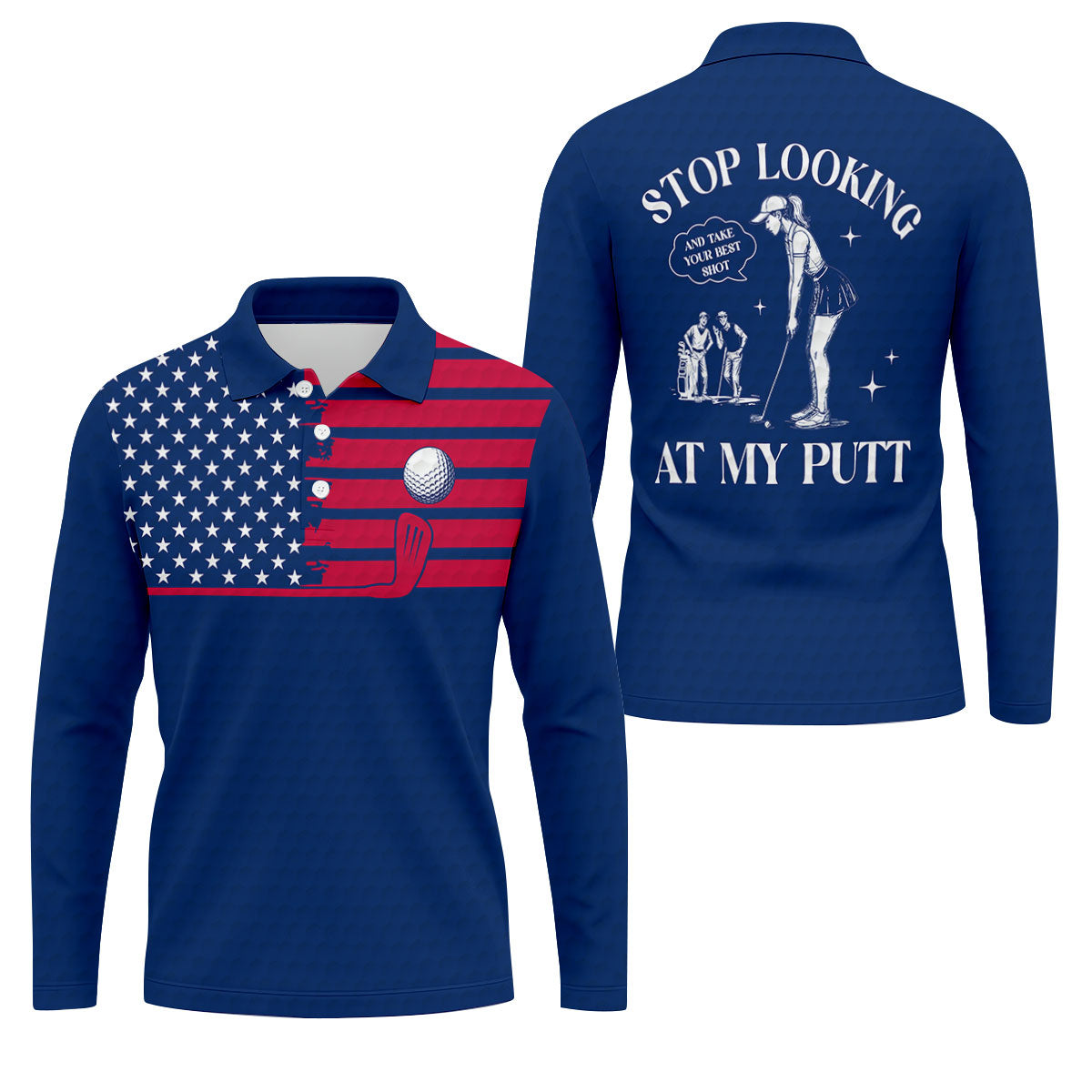 Stop Looking At My Putt US Flag Pattern Funny Golf Shirt, 250 Years 4th Of July Patriotic Golf Shirts For Men