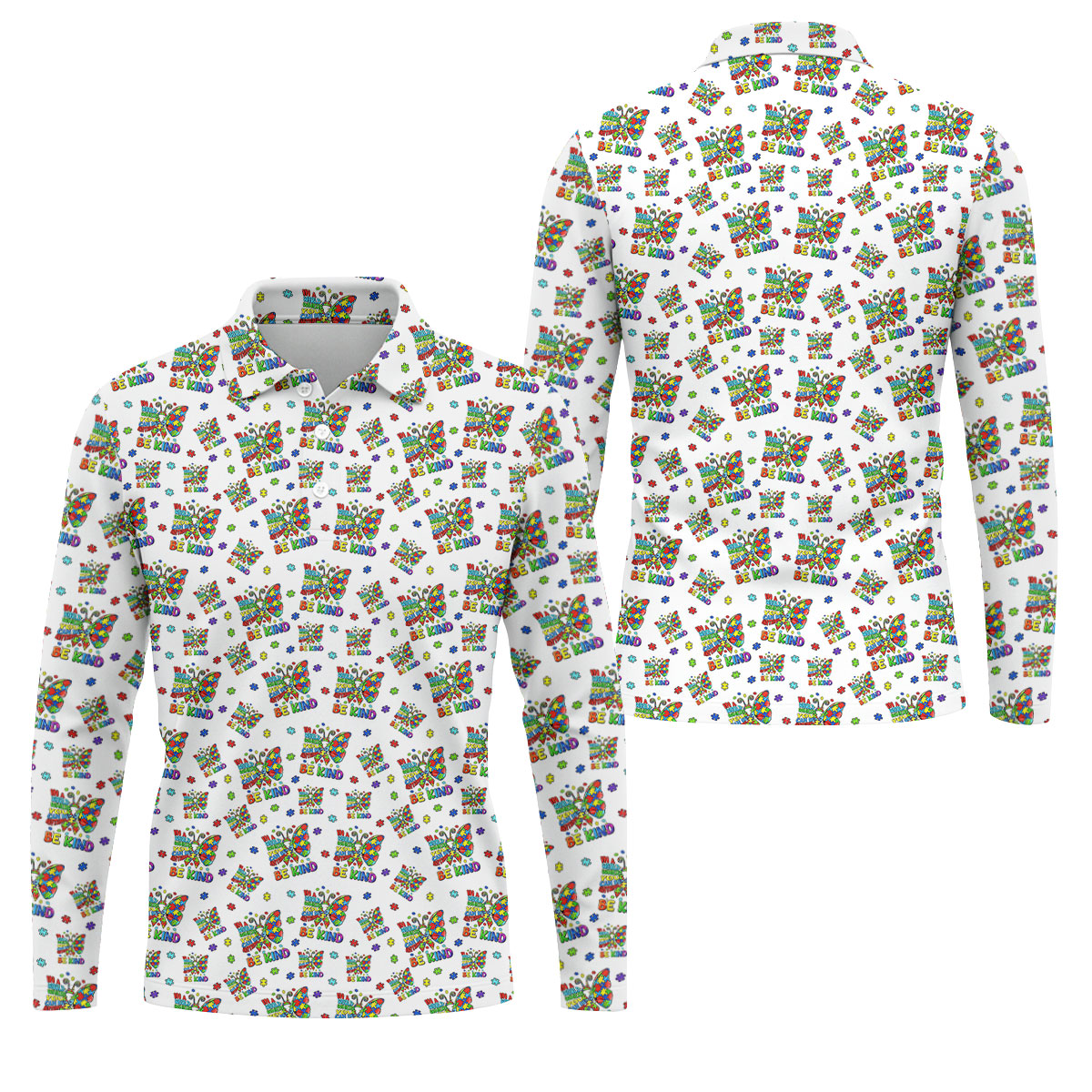 In A World Where You Can Be Anything Be Kind Rainbow Butterfly Autism Awareness White Golf Shirt, Golf Shirts For Men