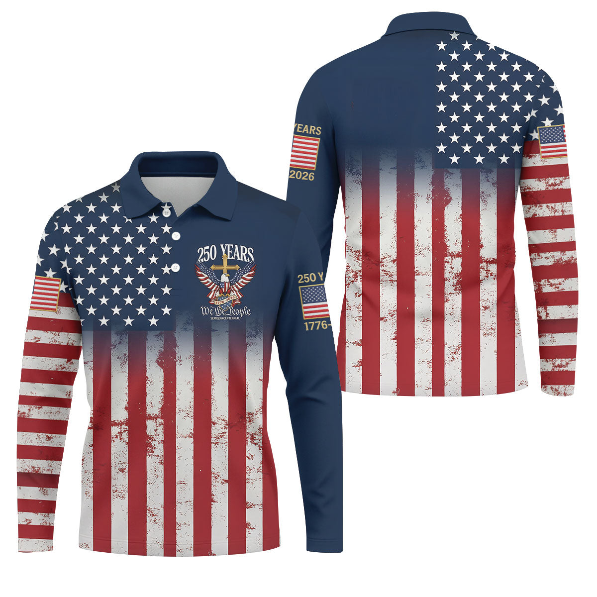 250 Years We The People Bald Eagle US Flag Cross Faith Golf Shirts For Men, Patriotic Golf Shirt