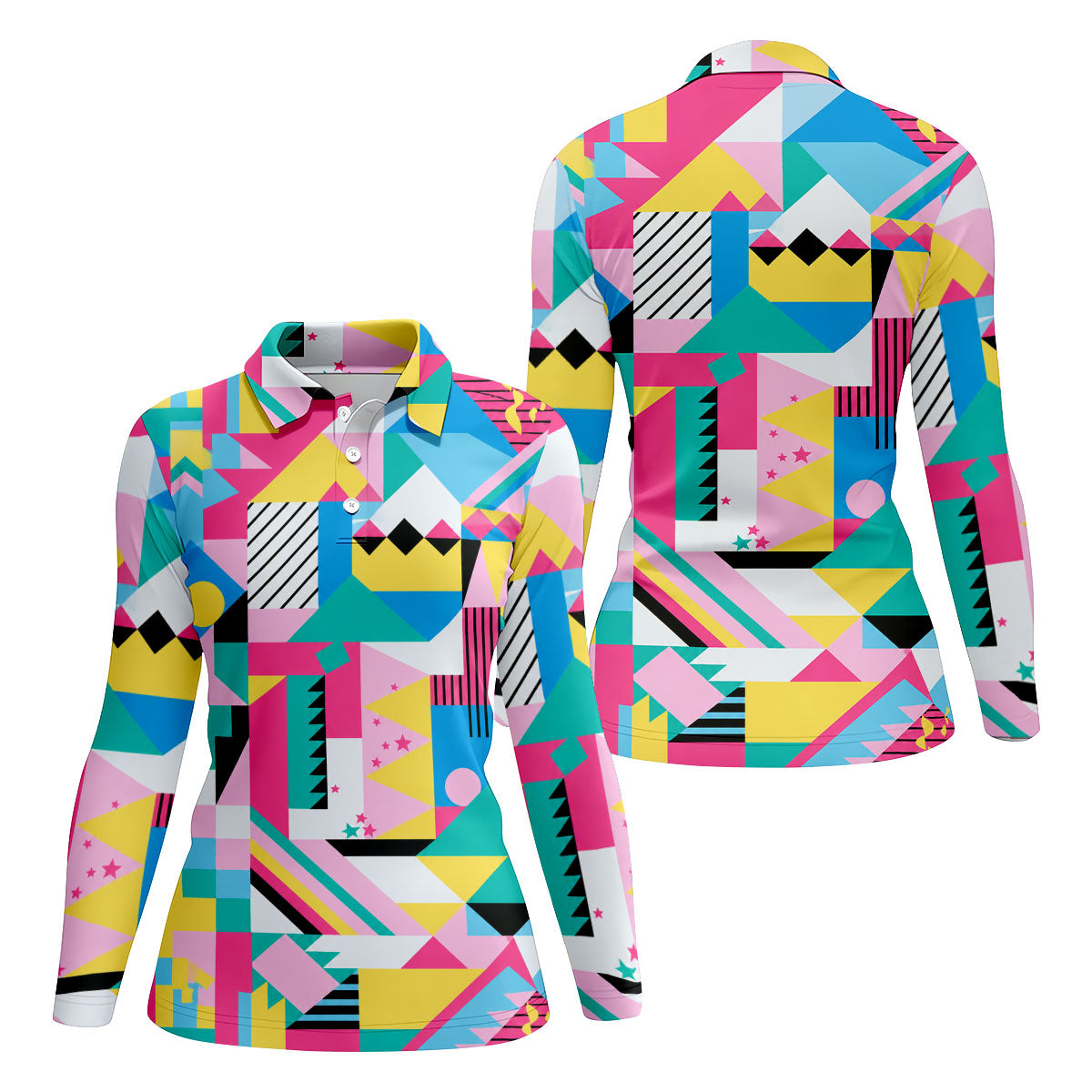 Memphis Pattern Golf Shirt, Retro 80s Geometric Color Block Design, Golf Shirt For Women