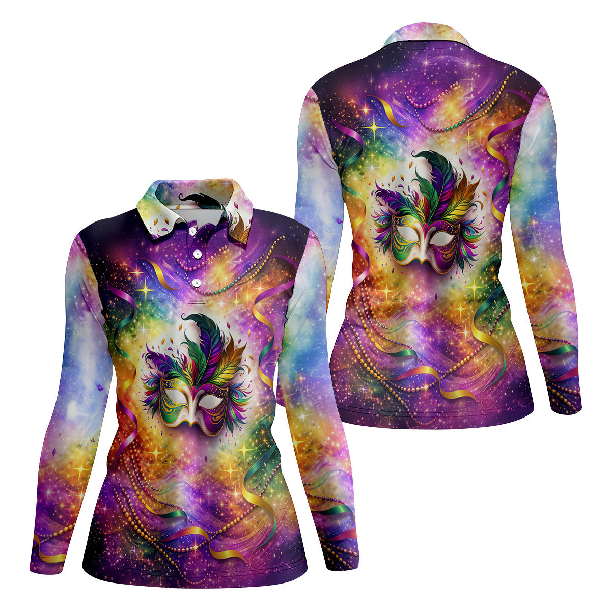 Carnival Mask Feather Print Purple Green Gold Dazzling Effect Mardi Gras Women's Golf Tops, Ladies Golf Shirts