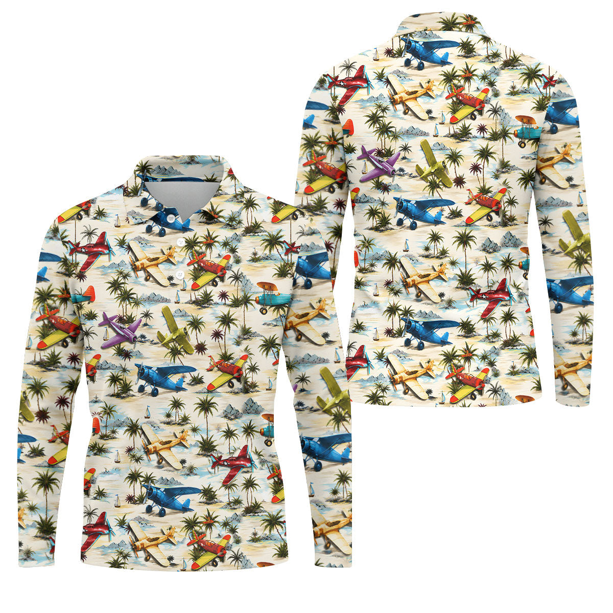 Vintage Airplane Hawaiian Golf Shirt, Tropical Aircraft Pattern, Polo Shirts For Men