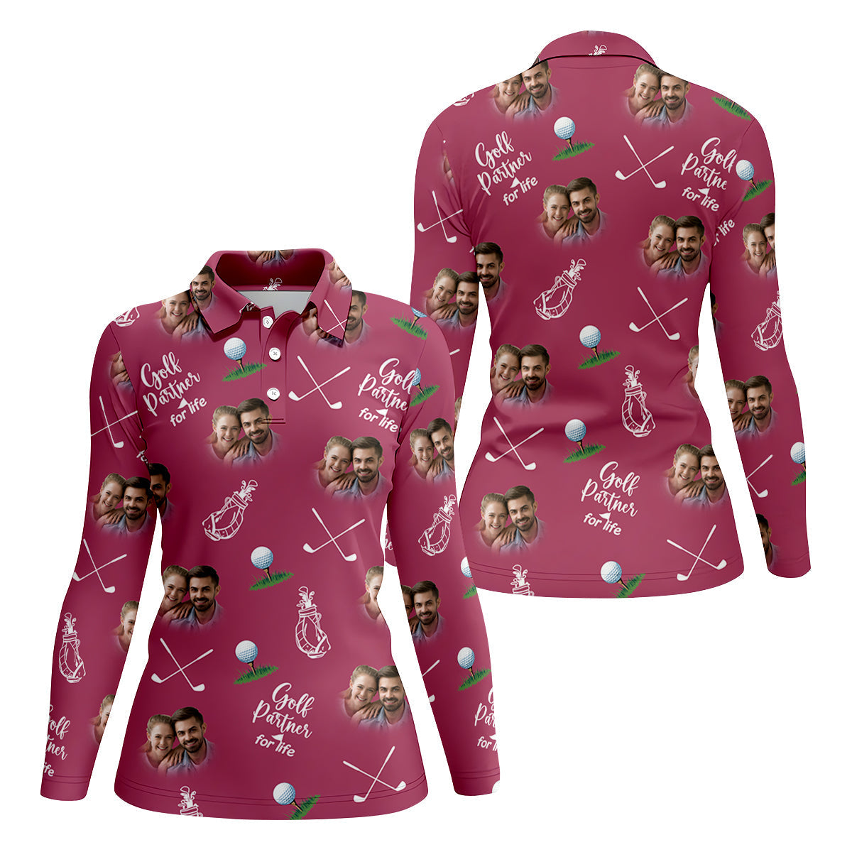 Golf Partner For Life Custom Photo Pink Purple Women Golf Top, Valentines Golf Gift, Ladies Golf Polos