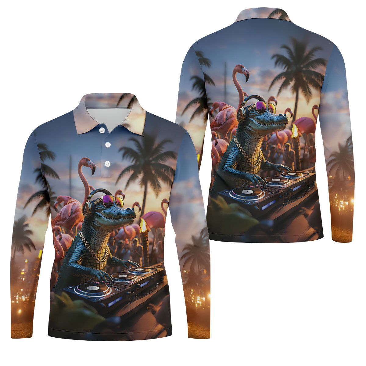 Funny Crocodile DJ Mardi Gras Festival Flamingo Golf Shirt, Polo ShirtFor Men, Golf Shirts For Men