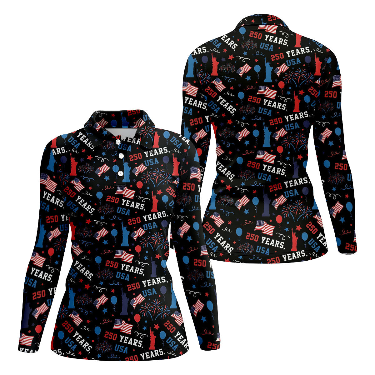 250 Years USA Red White Blue Seamless Pattern Black Golf Shirt, Patriotic 4th Of July Golf Shirt For Women