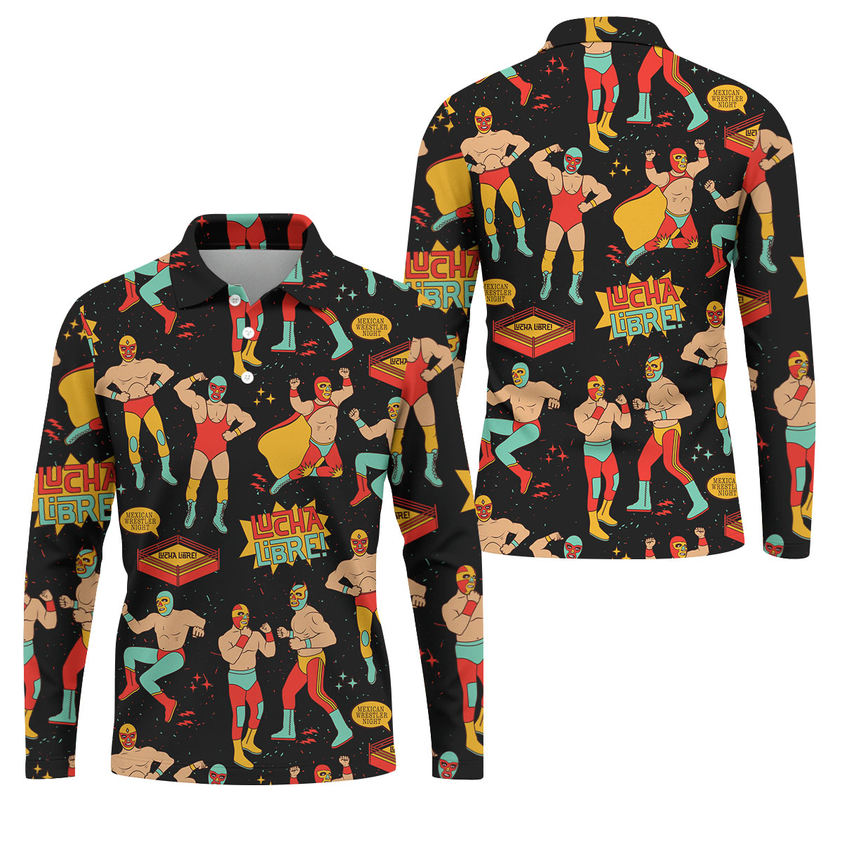 Black Lucha Libre Mexican Wrestler Pattern Golf Shirt, Golf Shirts For Men, Mens Golf Apparel