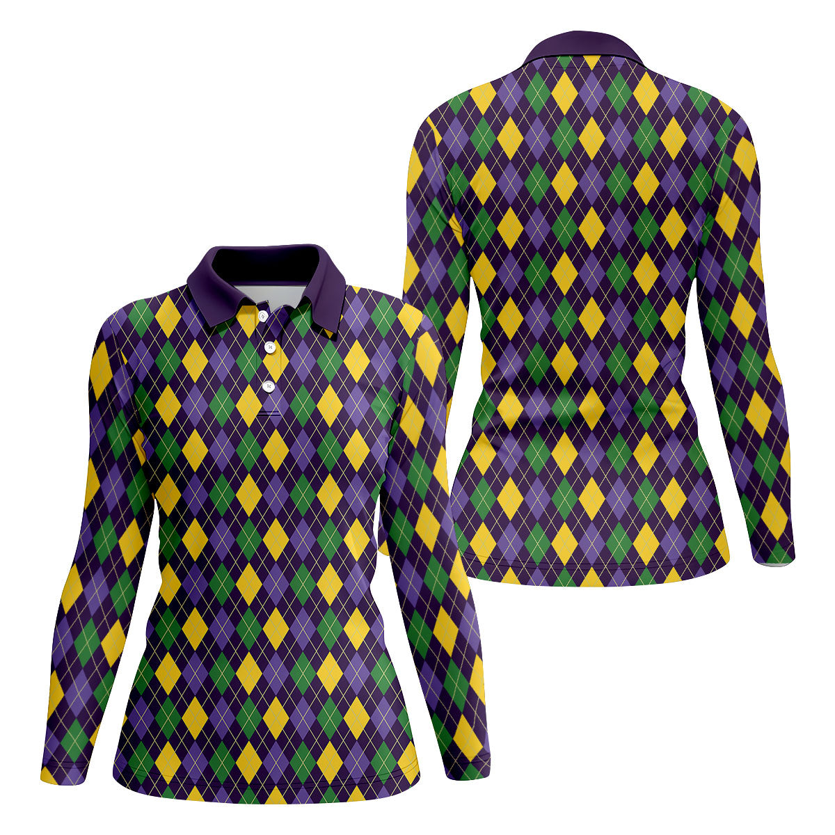 Green Purple Gold Argyle Pattern Mardi Gras Golf Shirt, Women's Golf Tops, Ladies Golf Shirts