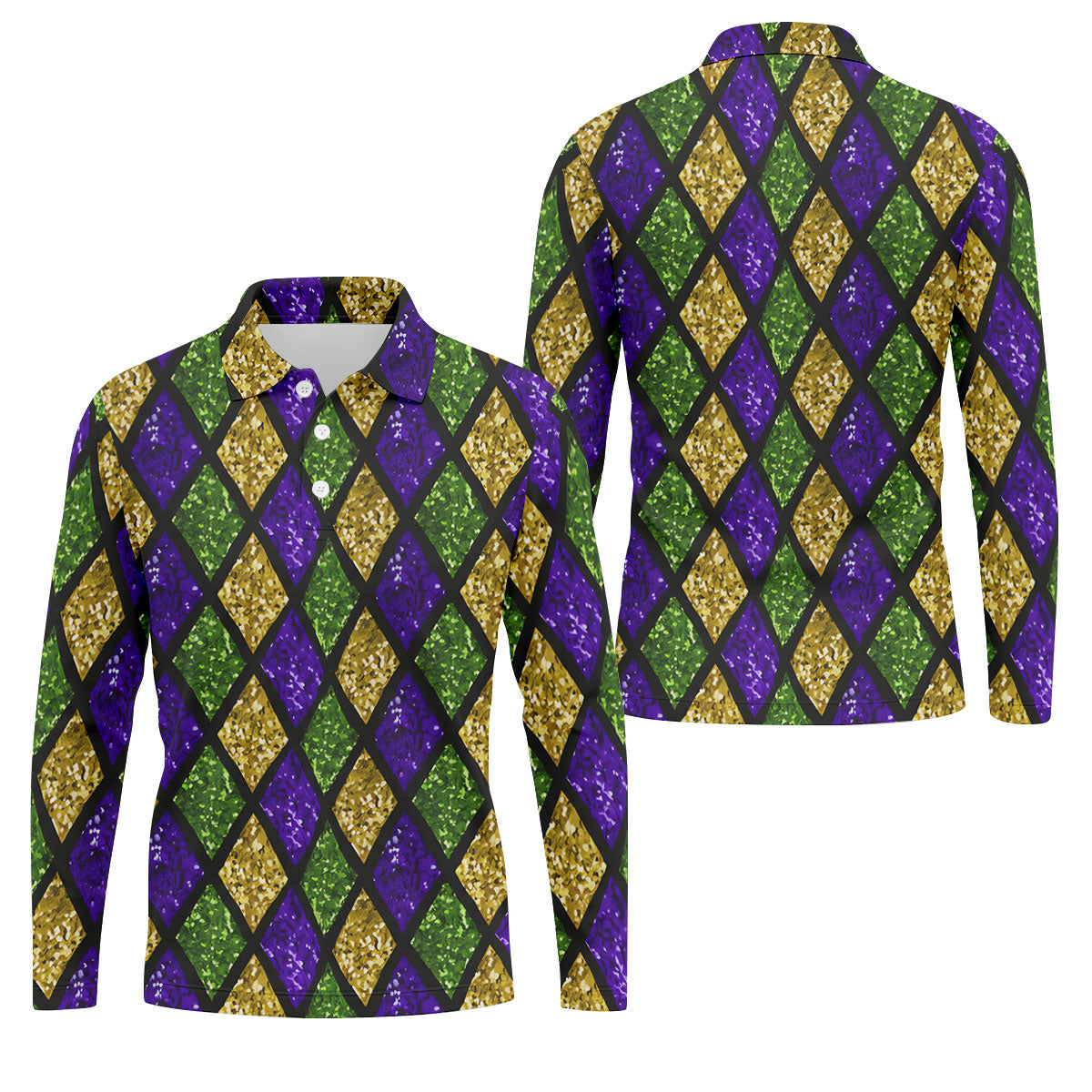Green Purple Gold Argyle Pattern Sparkling Effect Mardi Gras Golf Shirt, Polo ShirtFor Men, Golf Shirts For Men