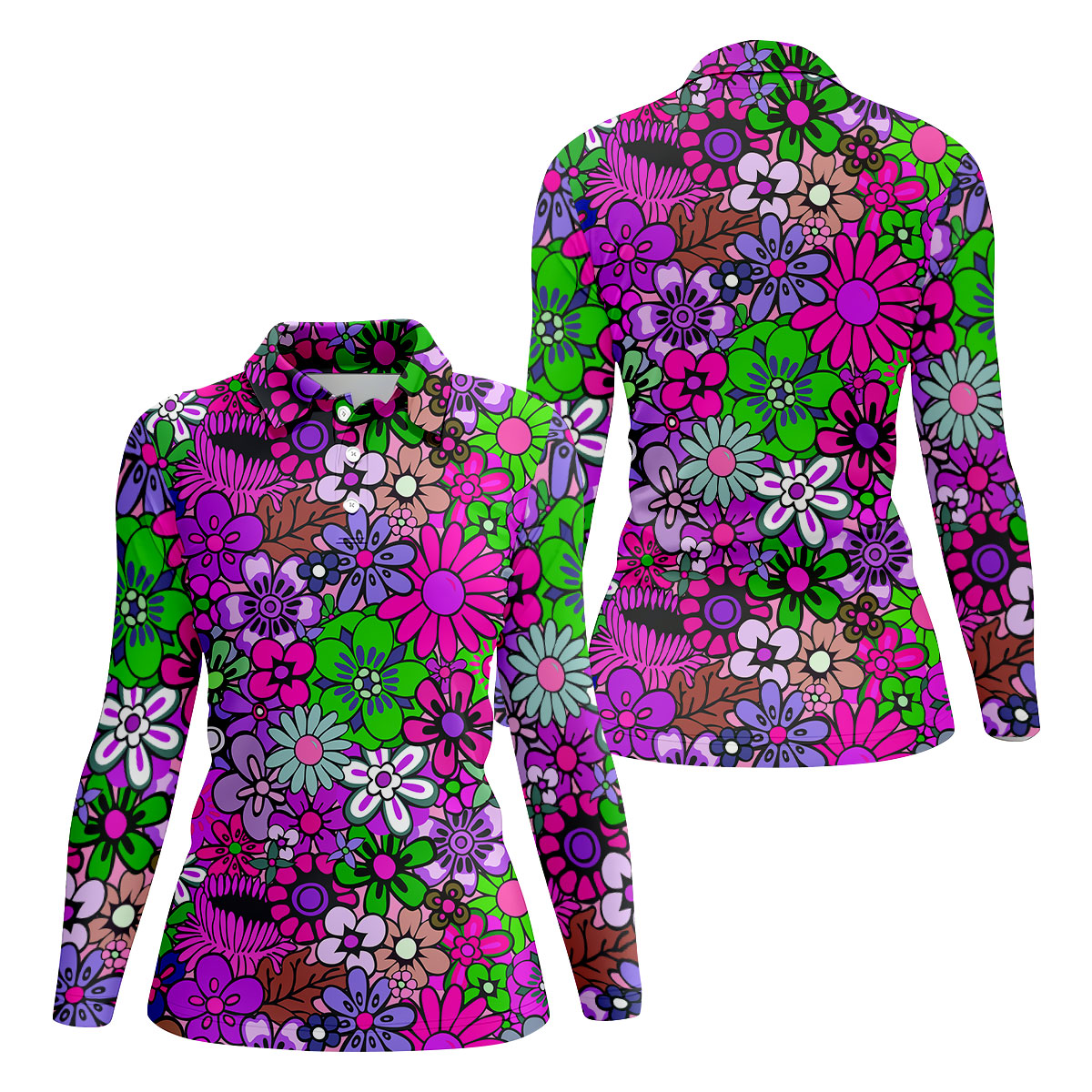 Pink Purple Retro Flower Power Golf Shirt, Women’s Golf Apparel, Hawaiian Golf Shirt, Golf Polo For Women