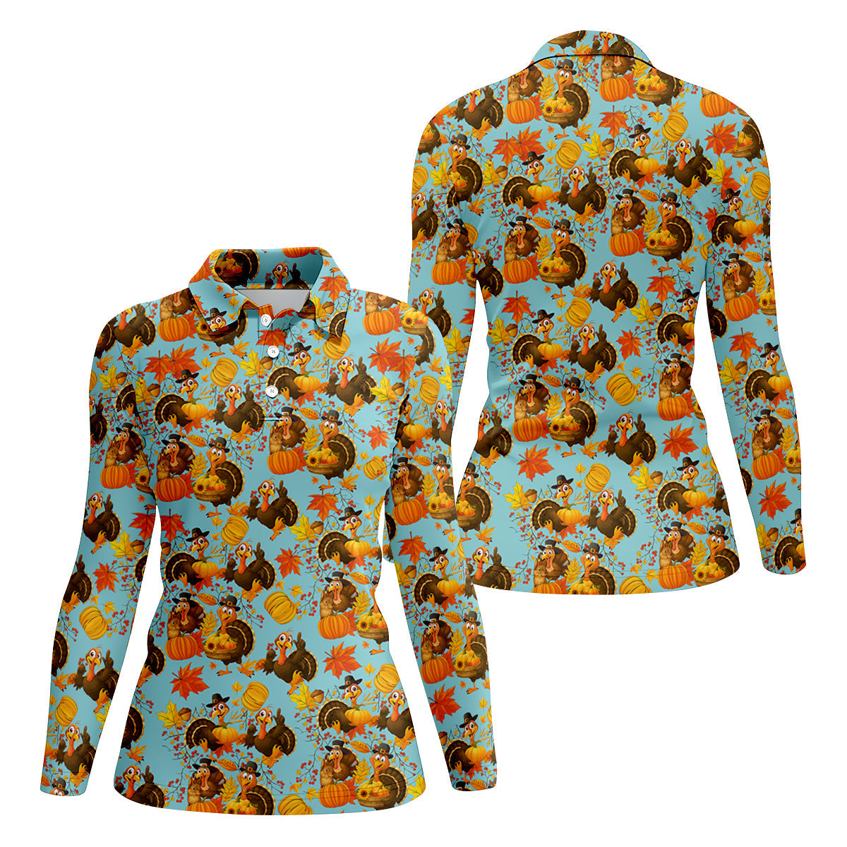 Turkey Pumpkin Thanksgiving Holiday Blue And Orange Ladies Golf Tops, Women Golf Top, Golf Gift For Ladies