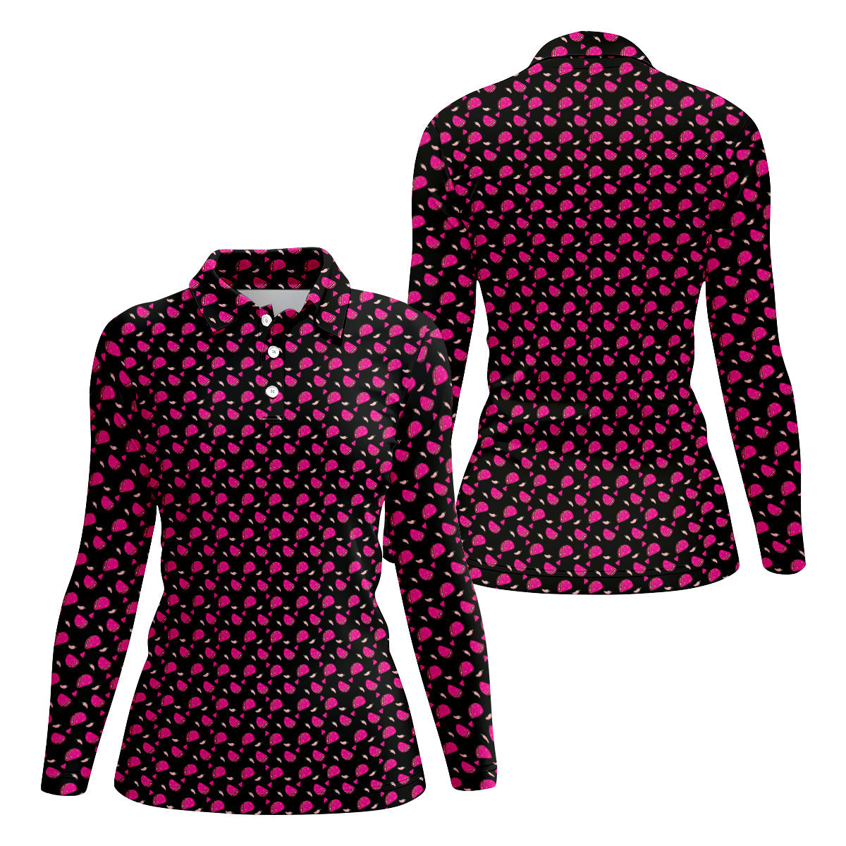 The Pink Taco Seamless Pattern Black Golf Shirt, Women's Golf Tops, Tacos Lover Golf Gift For Ladies