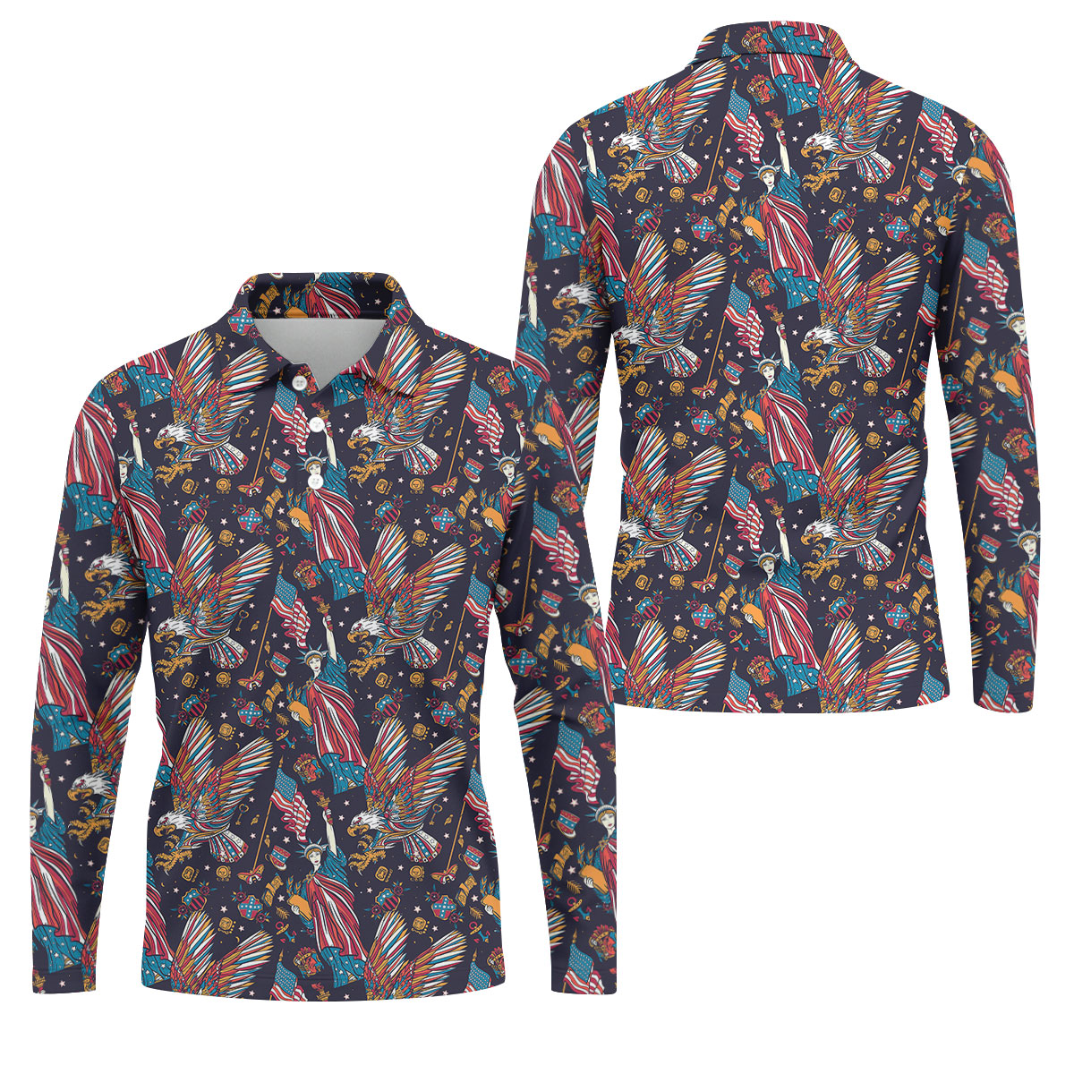 Patriotic American Eagle With Flag Statue Of Liberty Pattern 250th Anniversary Golf Shirts For Men