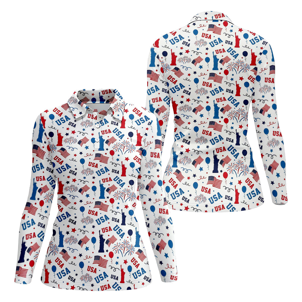 USA Red White Blue Seamless Pattern White Golf Shirt, 250th Anniversary Patriotic 4th Of July Golf Shirt For Women