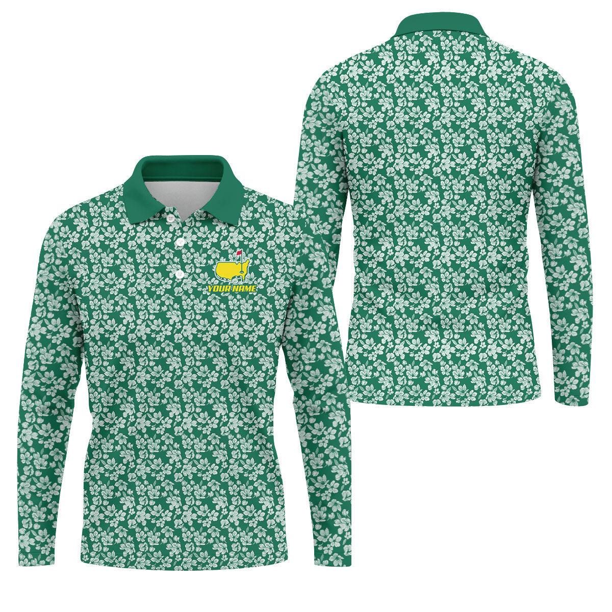 Floral Silhouette Green And White Golf Tops For Men, Golf Shirts For Men, Polo ShirtFor Men