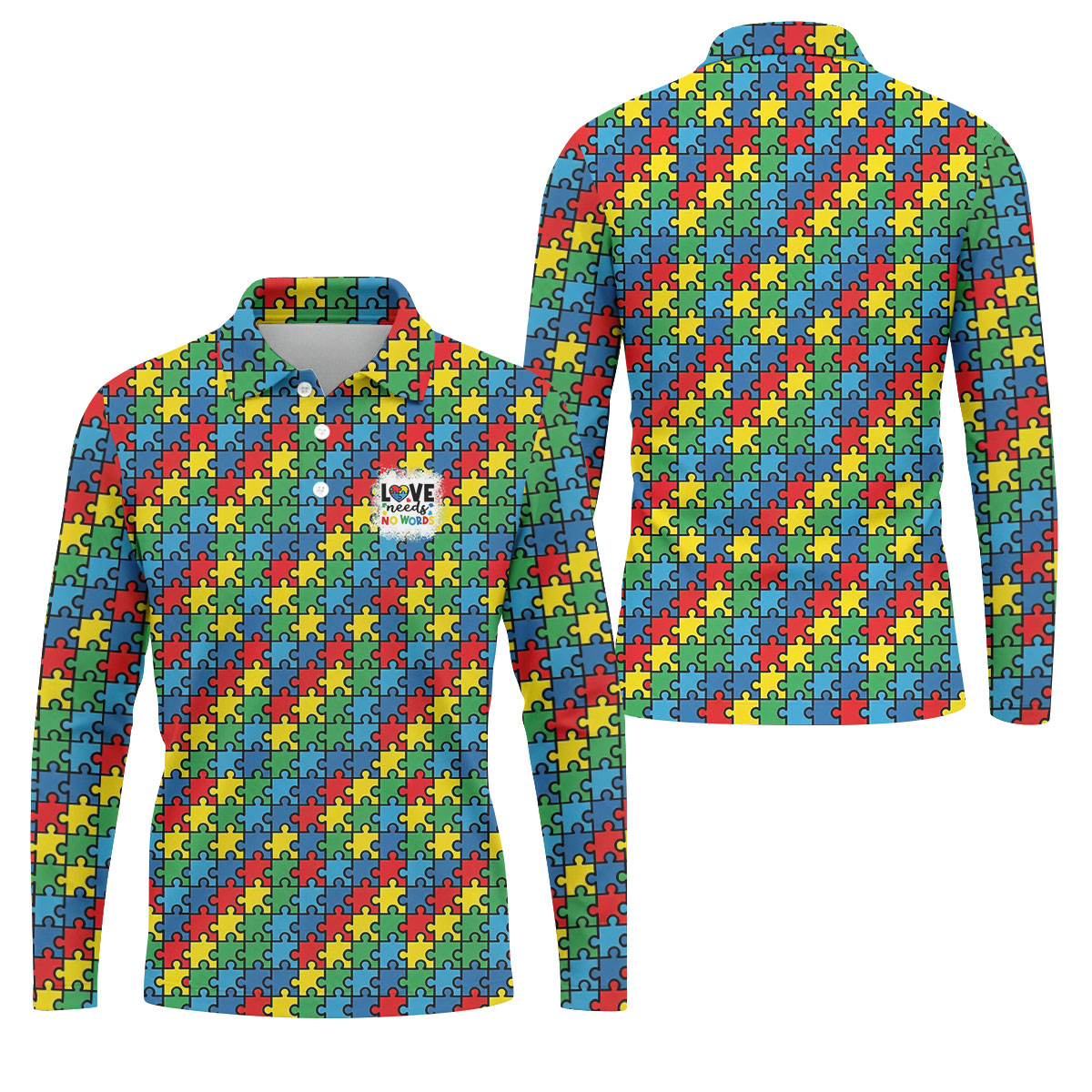 Love Needs No Words Autism Awareness Jigsaw Puzzle Pieces Men's Golf Shirt, Polo Shirt Men