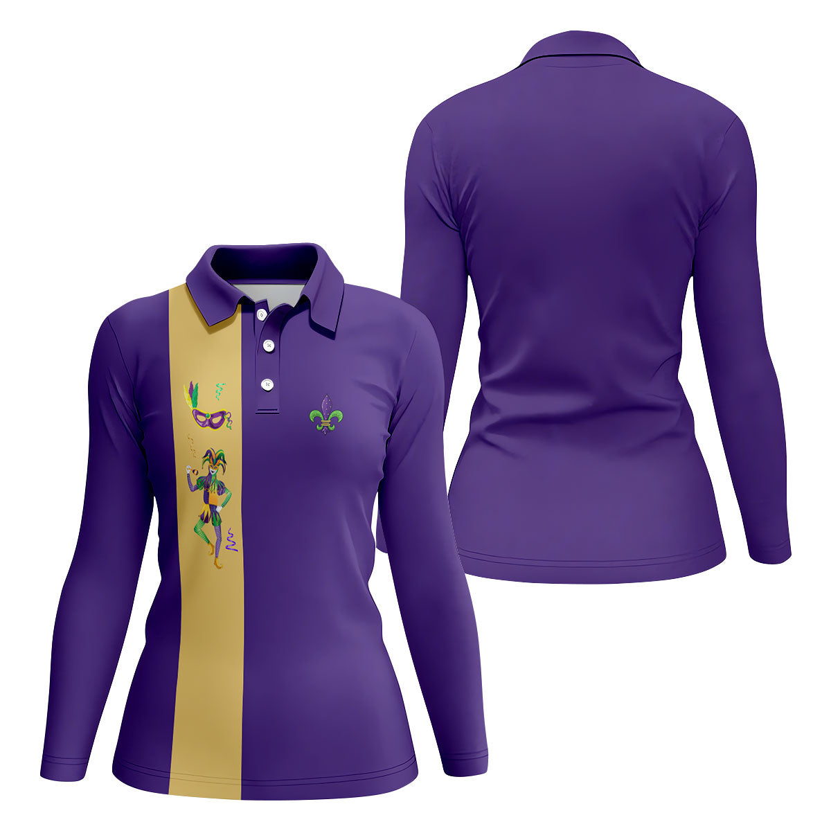 Mardi Gras Festival Jester Figure Fleur De Lis Symbol Purple Golf Shirt, Women's Golf Tops, Ladies Golf Polos