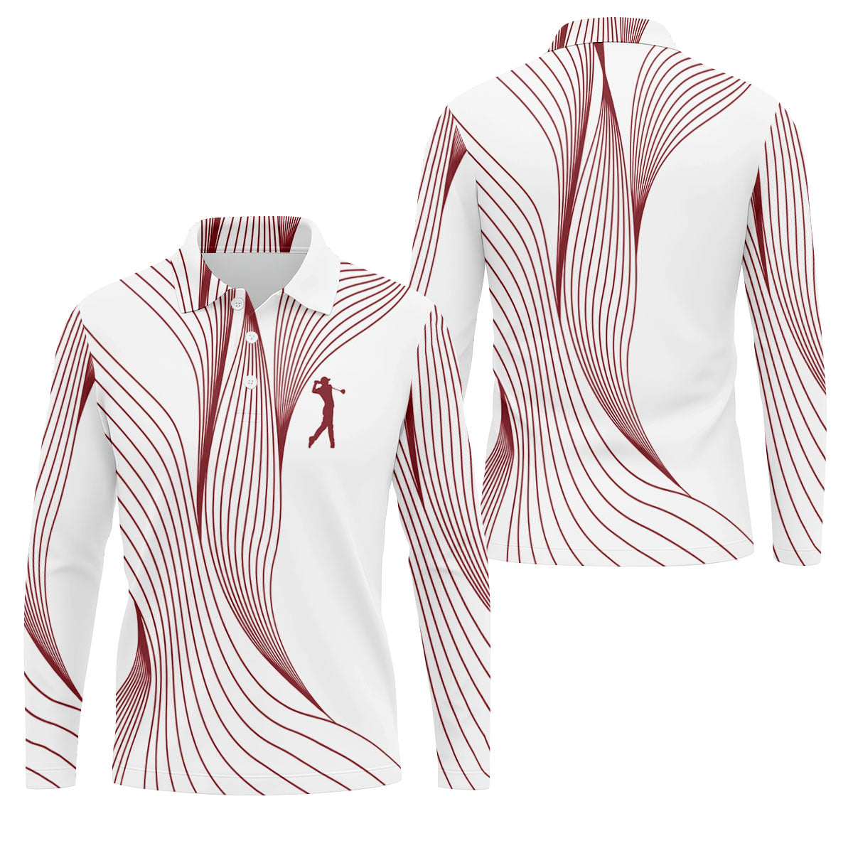 Geometric Line Wavy Line Maroon And White Golf Shirts For Men, Men's Golf Shirt, Polo Shirt Men