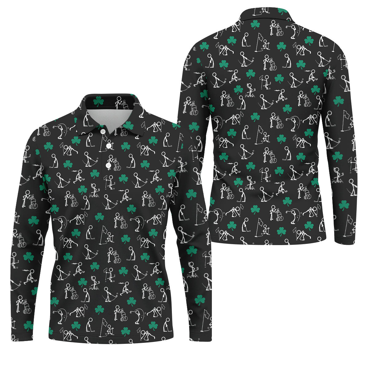 Stick Figure Golf Pose St Patrick's Day Shamrock Black Golf Shirt, Polo ShirtFor Men, Golf Shirts For Men