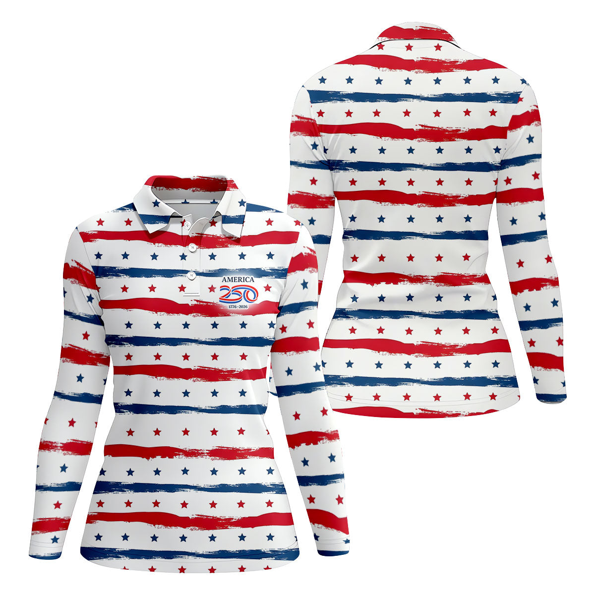 America 250 Red White Blue Stars And Stripes Ladies Golf Tops, Patriotic 4th Of July Golf Shirt For Women