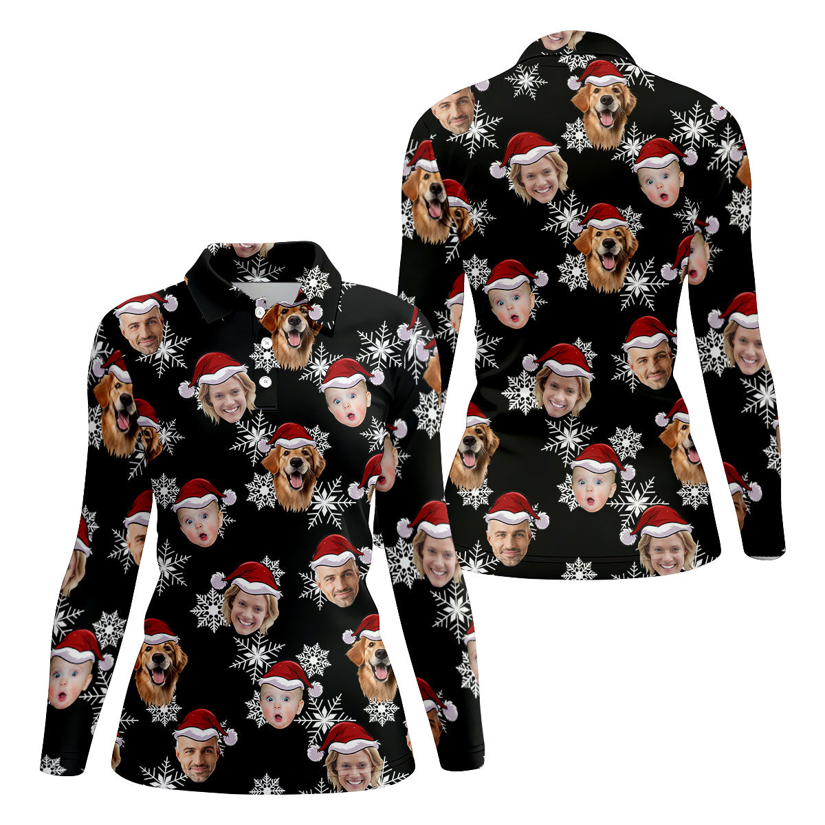 Custom Face Black Christmas Women's Golf Tops, Ladies Golf Shirts, Christmas Golf Gift