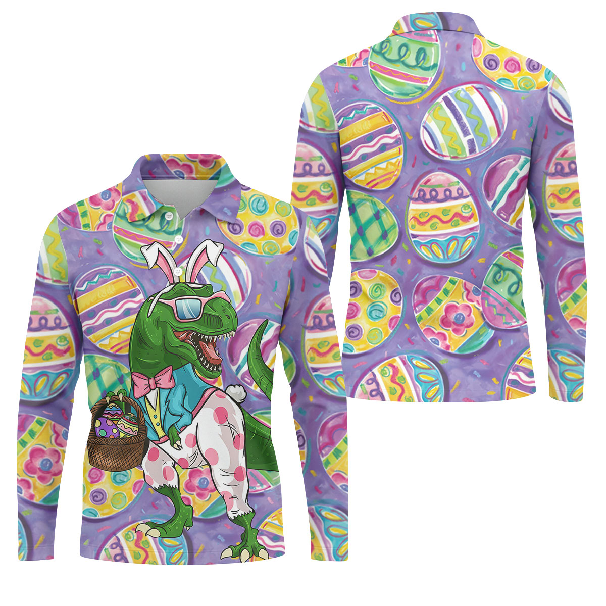 T-Rex Bunny Painted Easter Eggs Golf Shirts For Men, Men's Funny Golf Shirts, Polo ShirtFor Men