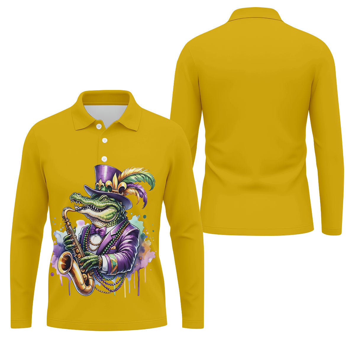 Mardi Gras Alligator Playing Saxophone Yellow Golf Shirt, Golf Shirts For Men, Polo ShirtFor Men