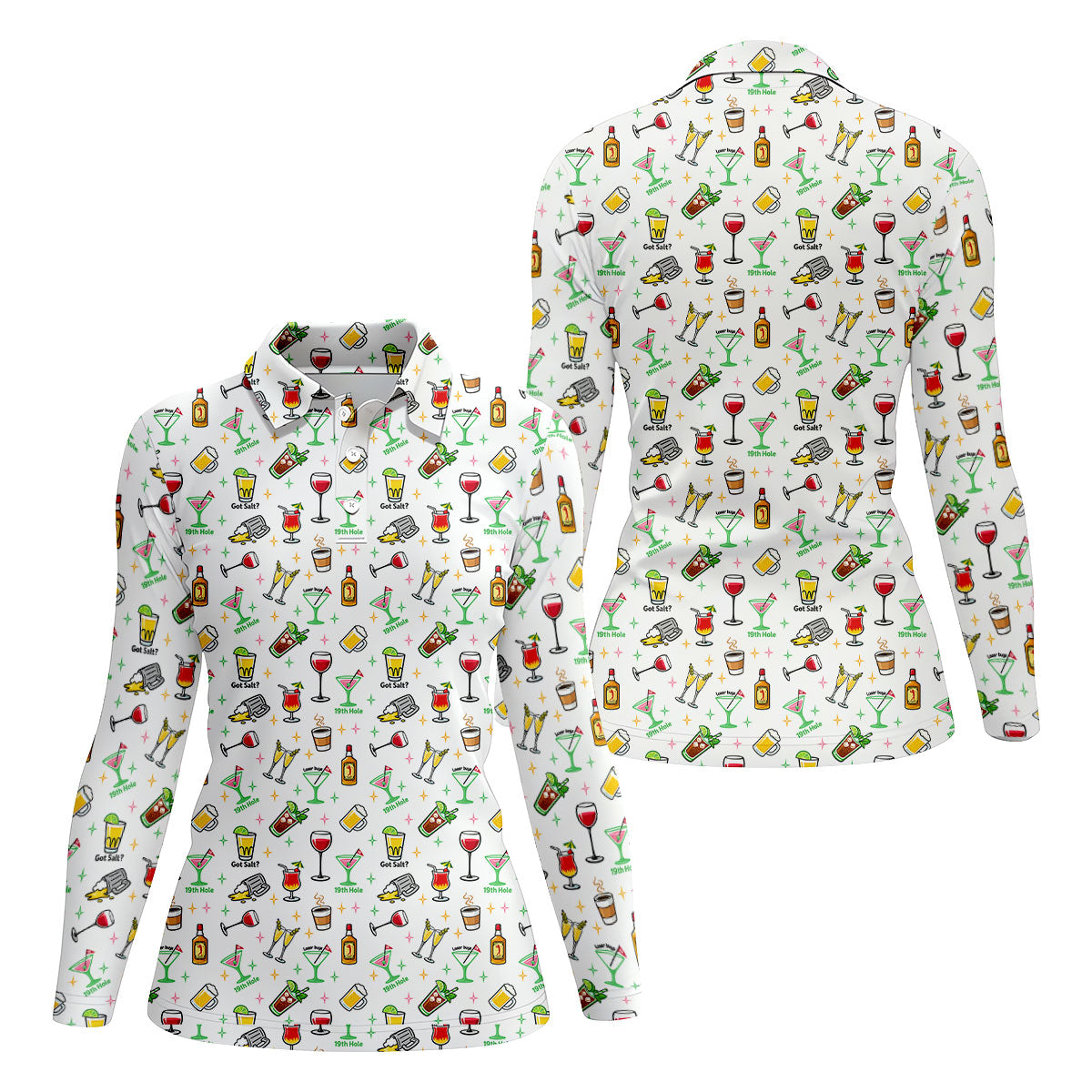 19th Hole Cocktail Drinks Pattern Golf Shirt, Women’s Golf Polo, Golf Shirts For Women