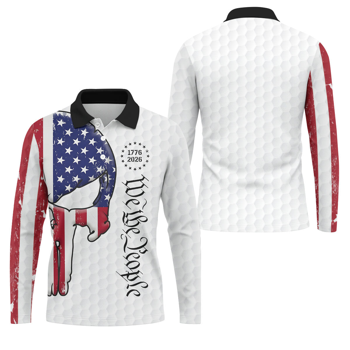 We The People 250 Celebration US Flag Pattern Skull Golf Shirt, Patriotic 4th Of July Golf Shirts For Men