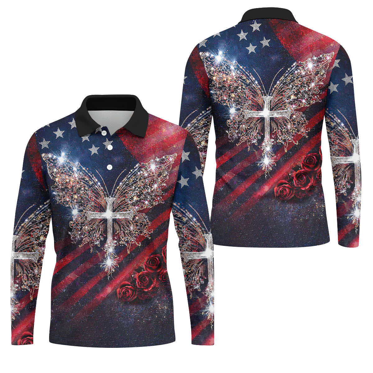 Vintage Faith Rhinestone Butterfly American Flag Golf Shirt, 250 Years Patriotic 4th Of July Golf Shirts For Men
