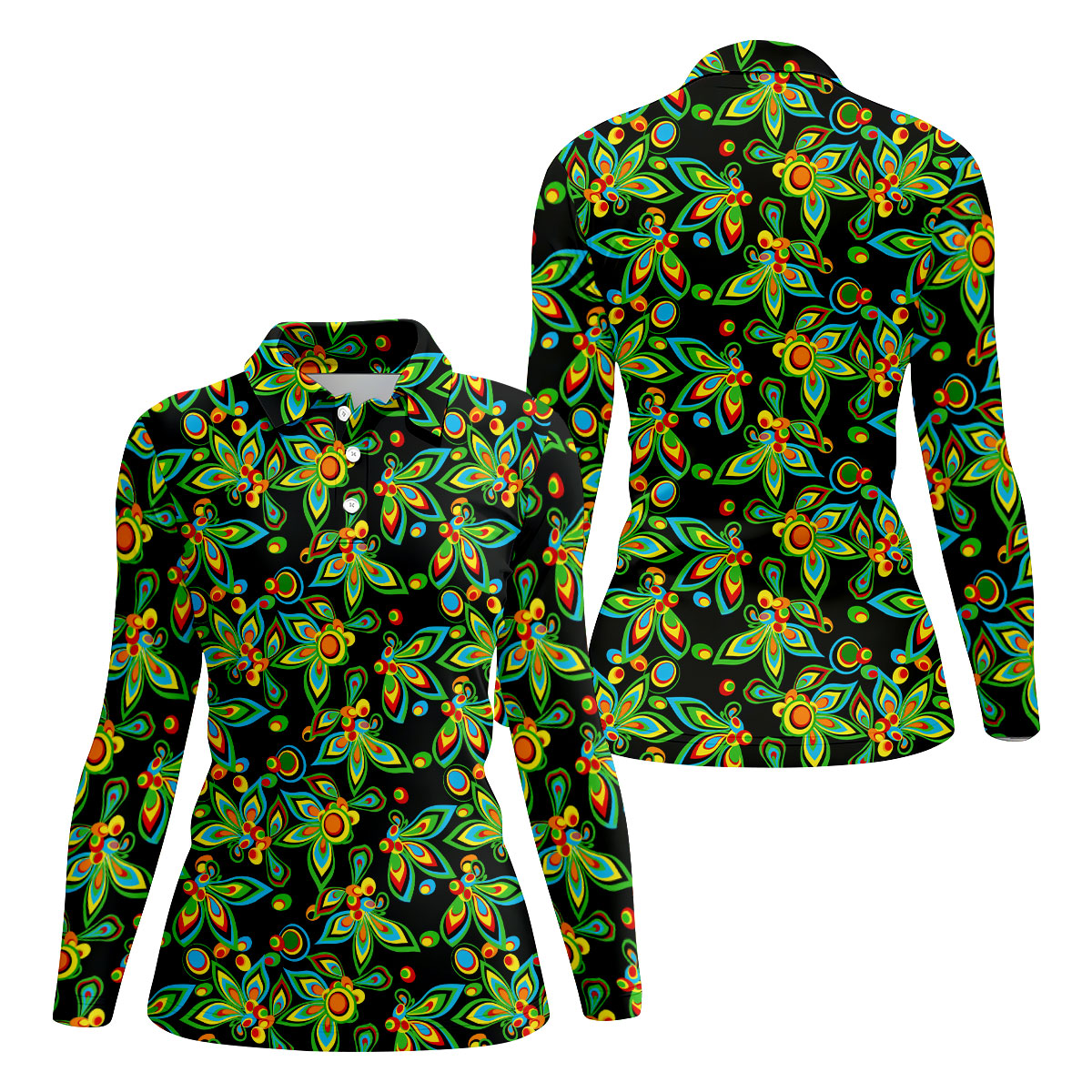 Black Colorful Floral Geometric Pattern Golf Shirt, Women's Golf Tops, Women’s Golf Apparel, Printed Golf Shirt