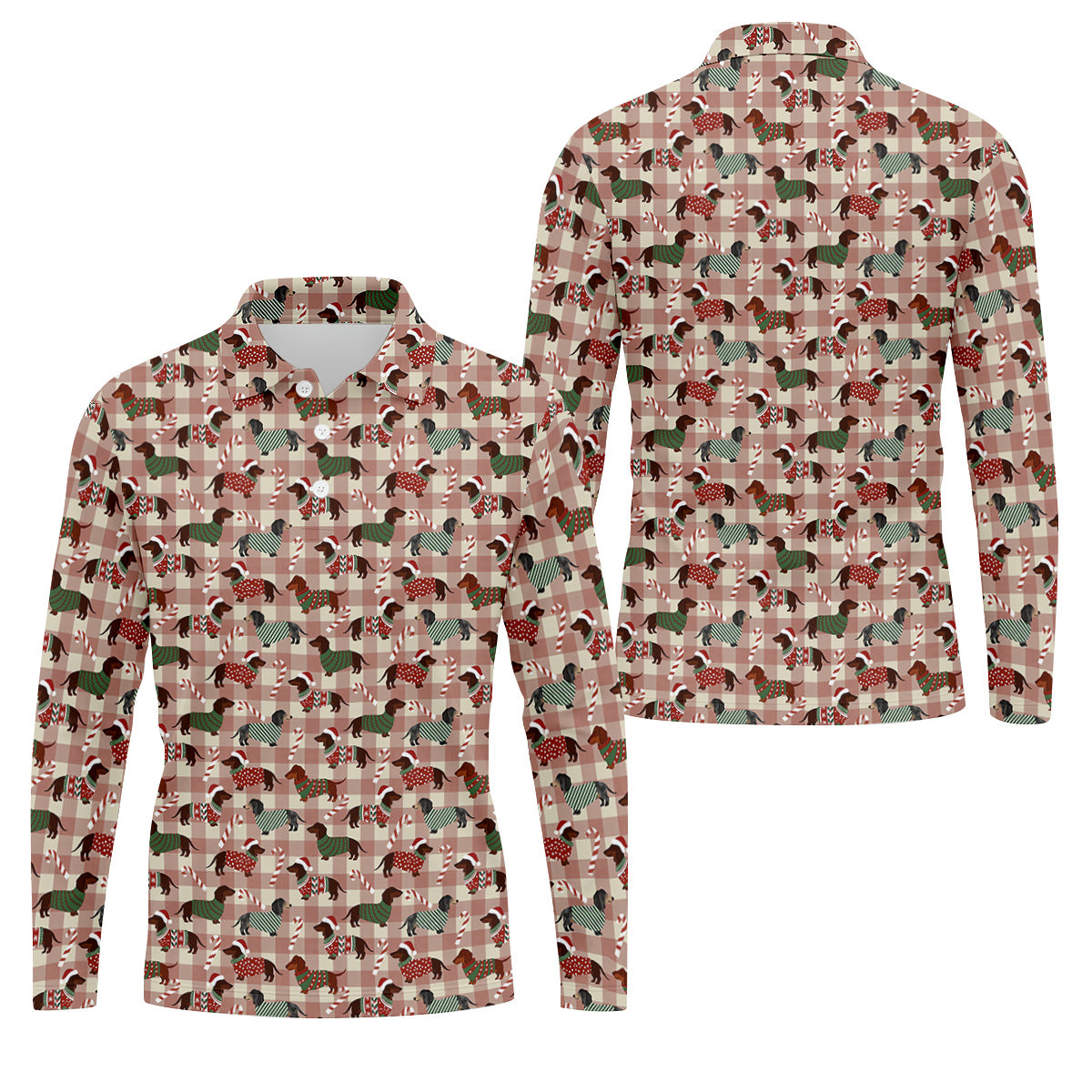 Christmas Dachshund Pink Checkered Golf Tops For Men, Christmas Golf Shirt, Polo Shirtor Men