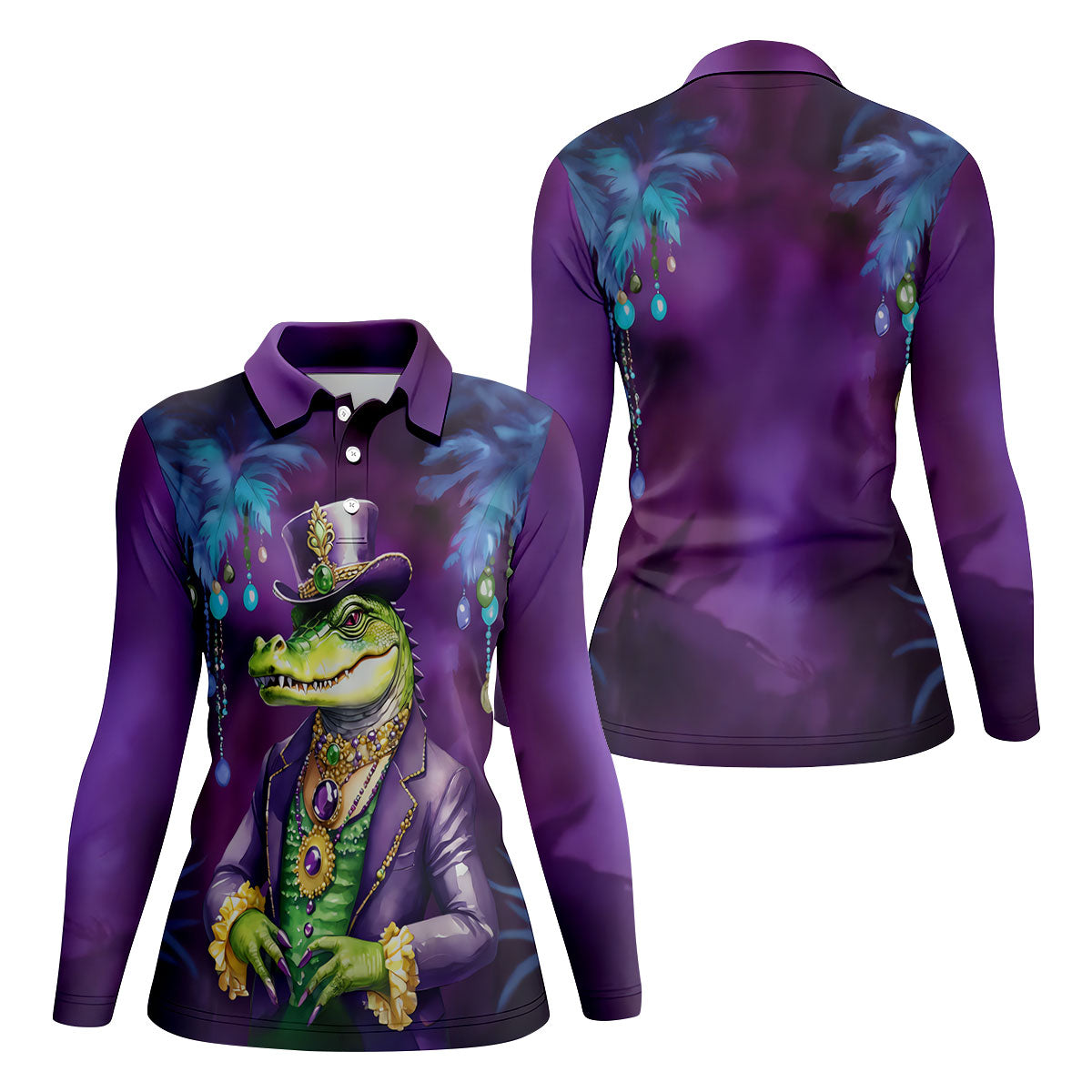 Mardi Gras Alligator Purple Golf Shirt, Fun Women's Golf Shirts, Women's Golf Tops, Ladies Golf Polos