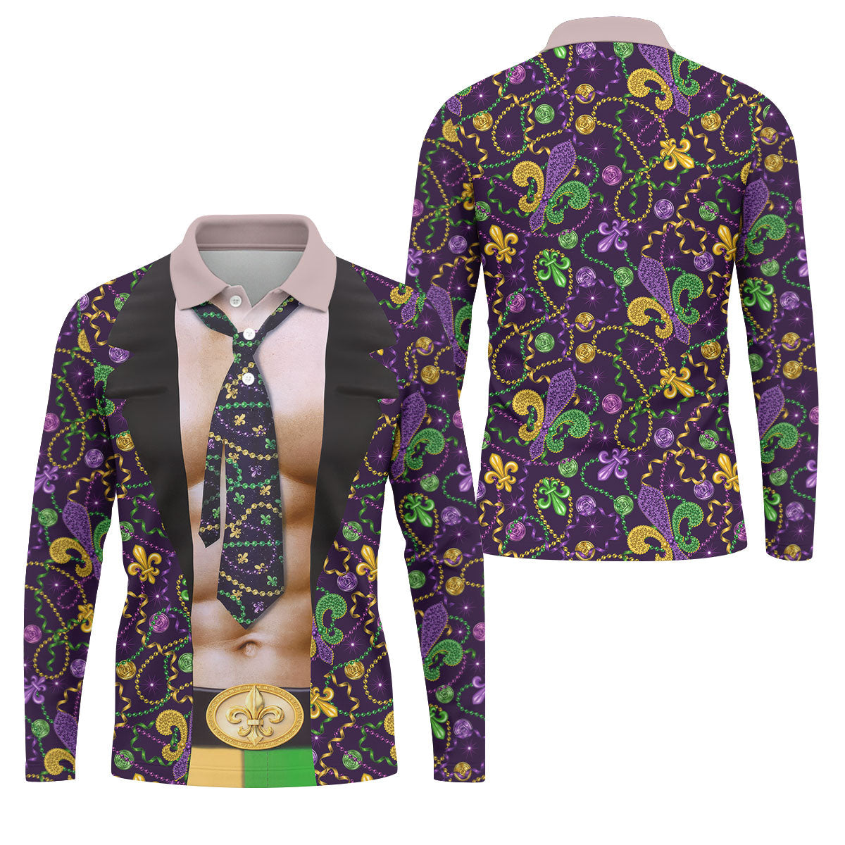 Mardi Gras Purple Green Gold Fleur De Lis Funny Costume Golf Shirts For Men, Men's Funny Golf Shirts