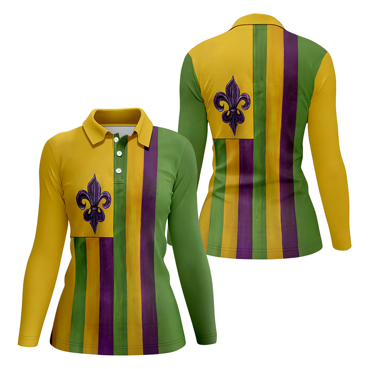 Purple Green Gold Vertical Stripes Fleur De Lis Flower Mardi Gras Golf Shirt, Women's Golf Tops, Ladies Golf Shirt