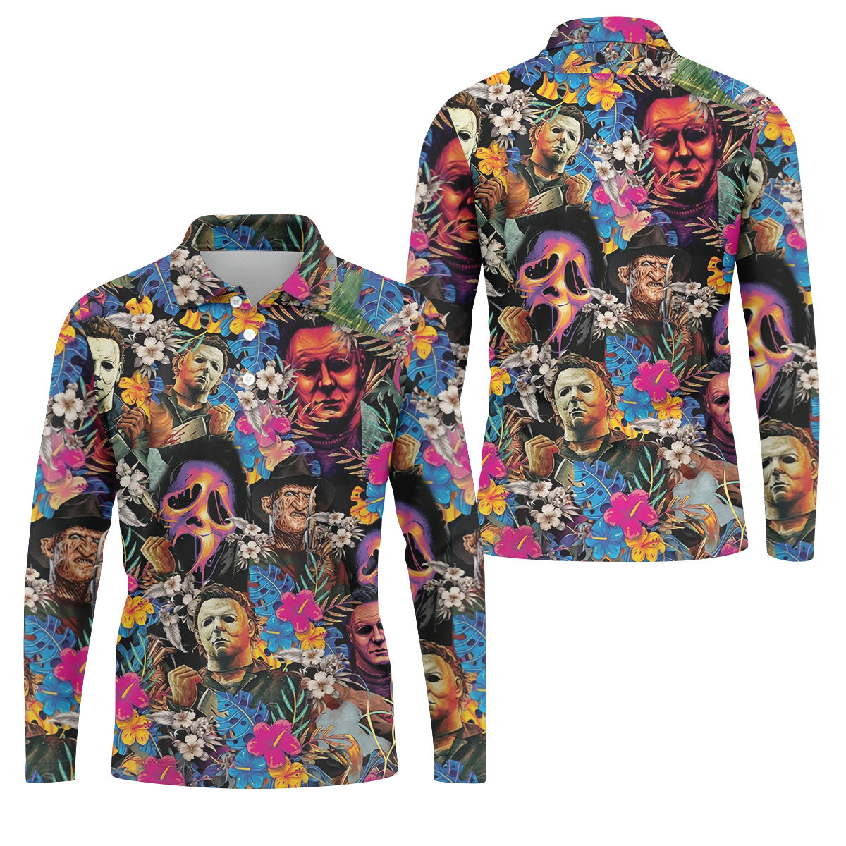 Tropical Horror Character Hawaiian Golf Shirt, Mens Golf Polo, Halloween Golf Apparel