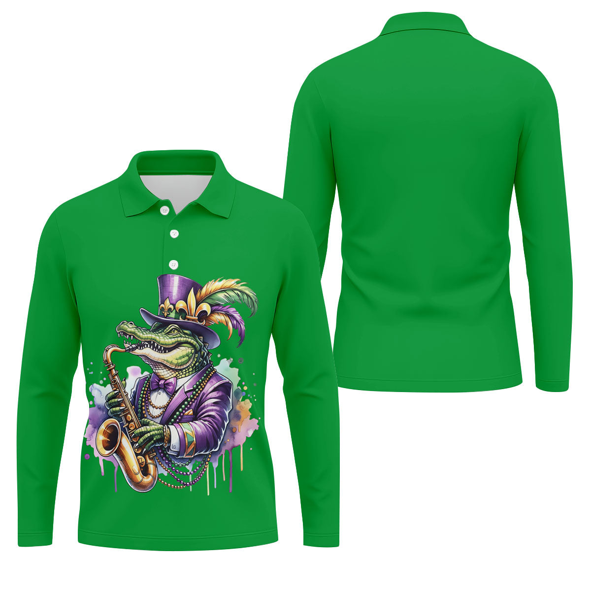 Mardi Gras Alligator Playing Saxophone Green Golf Shirt, Golf Shirts For Men, Polo ShirtFor Men