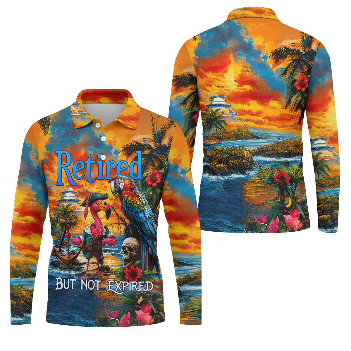 Retired Parrot Flamingo Pirate Tropical Golf Shirt, Mens Golf Polo, Hawaiian Golf Shirt, Golf Apparel For Men