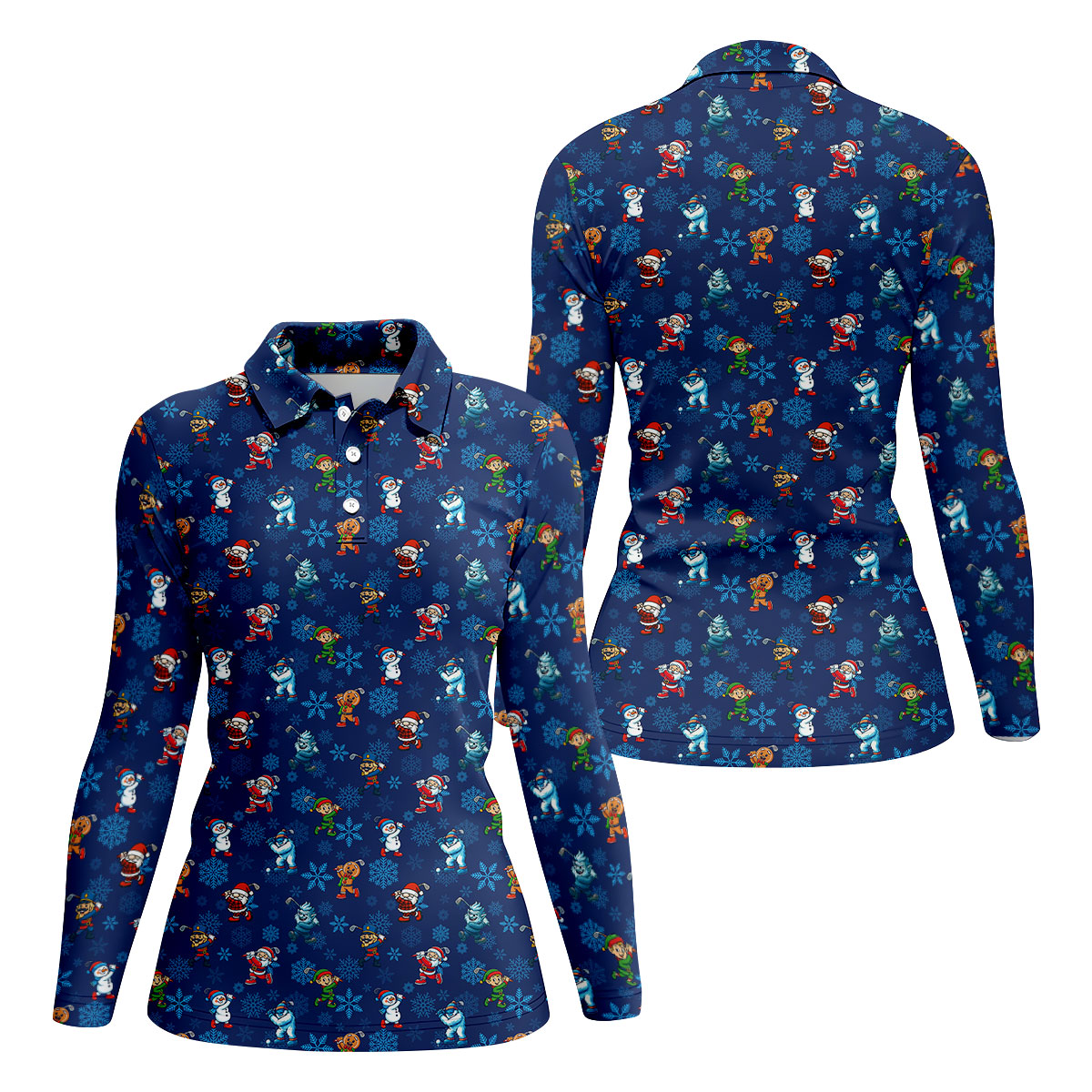 Funny Christmas Characters Golf Pose Navy Golf Shirt, Christmas Golf Shirt, Ladies Golf Shirts, Women's Polo Shirt