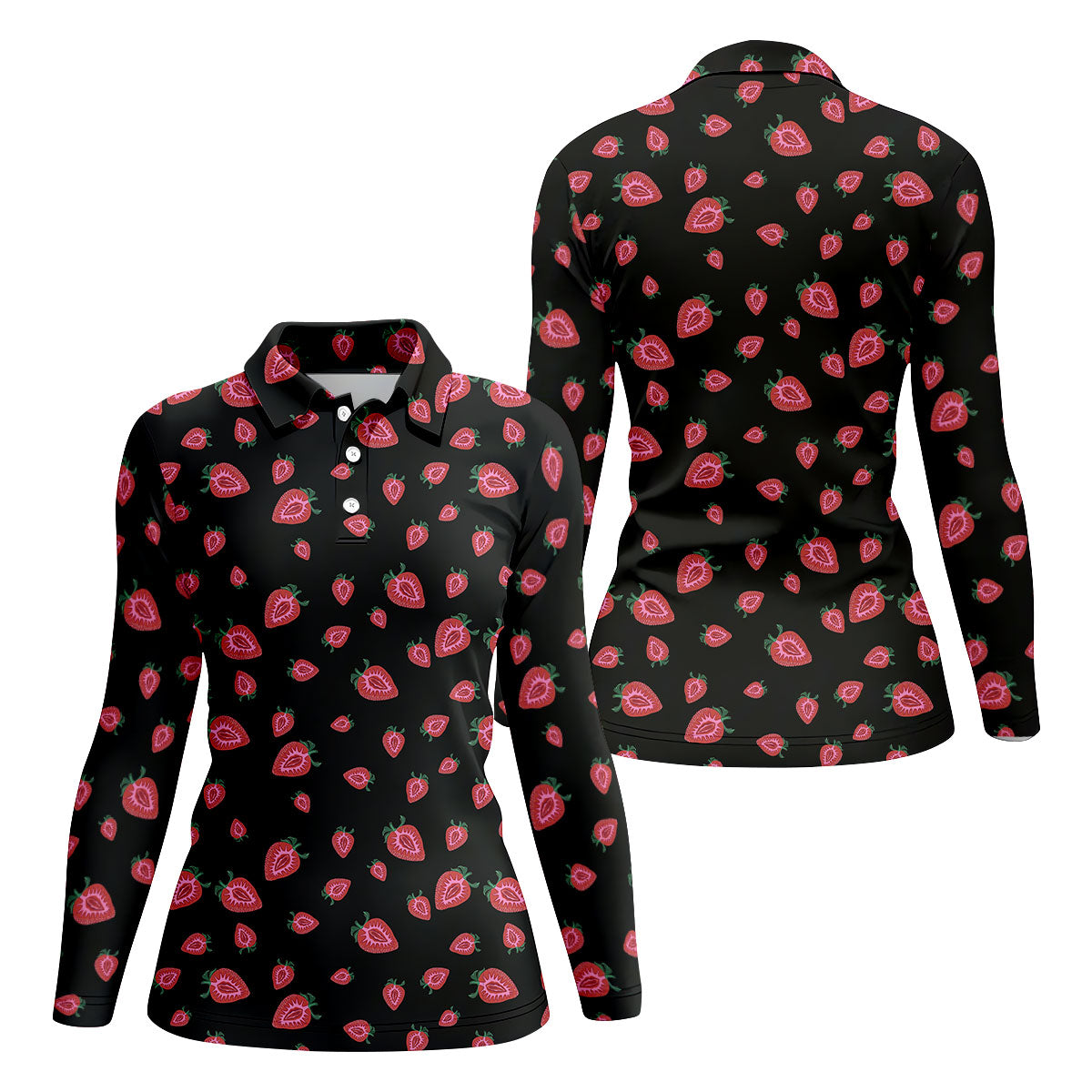 Strawberry Slice Black Golf Shirt, Golf Polo For Women, Women's Golf Shirt, Hawaiian Golf Shirt