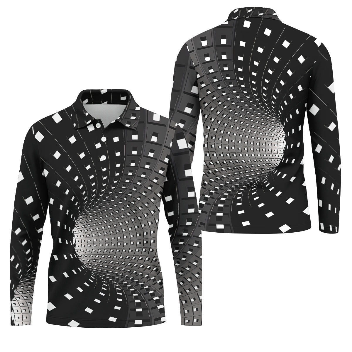 3D Vortex Golf Shirt, Black White Optical Illusion Tunnel Pattern, Golf Shirt For Men