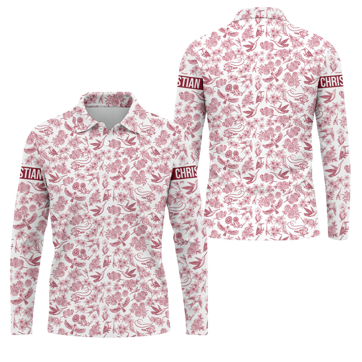 Custom Name Toile de Jouy Birds And Flowers White And Red Polo ShirtFor Men, Golf Gift For Men