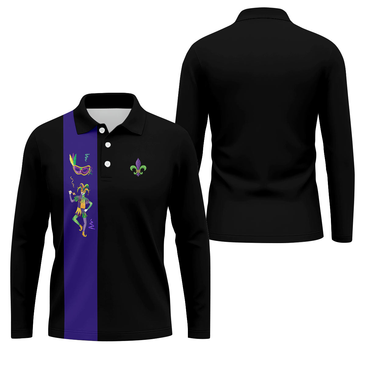 Mardi Gras Festival Jester Figure Fleur De Lis Symbol Black Golf Shirt, Polo ShirtFor Men, Golf Shirts For Men