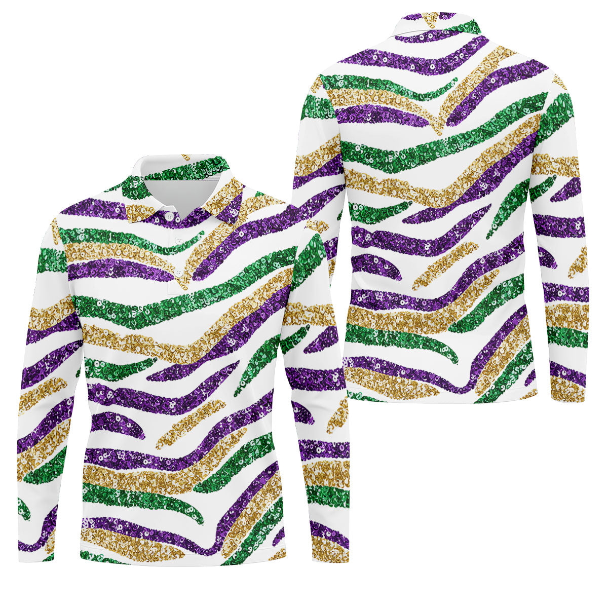 Purple Green Gold Sequin Pattern White Mardi Gras Golf Shirt, Polo ShirtFor Men, Golf Shirts For Men