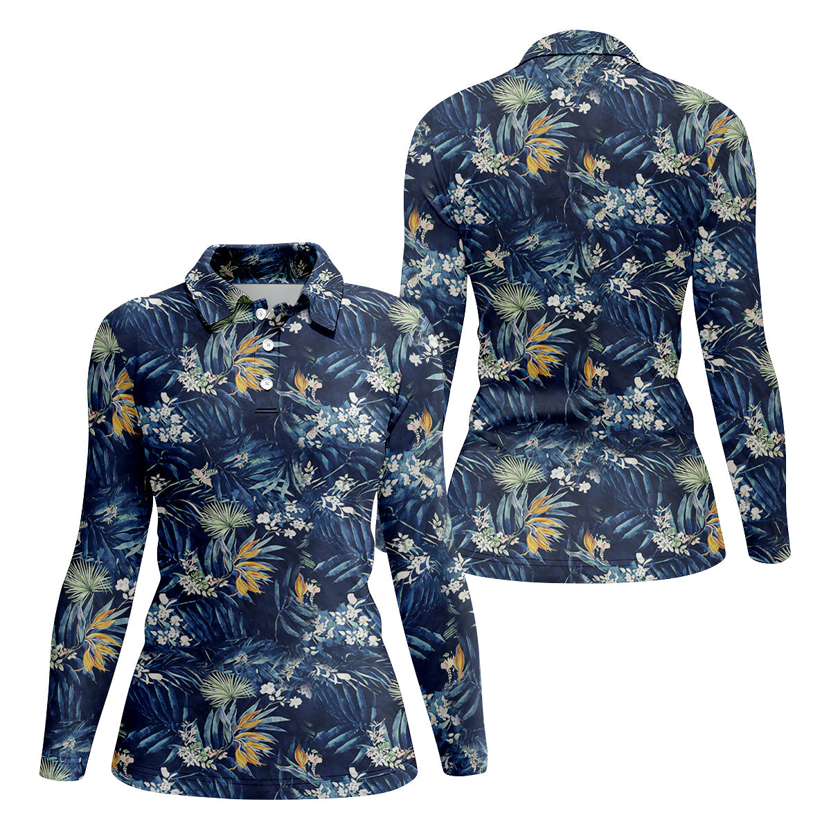 Navy Palm Tropical Hawaiian Vibe Women's Golf Shirts, Women's Golf Tops, Ladies Golf Shirts