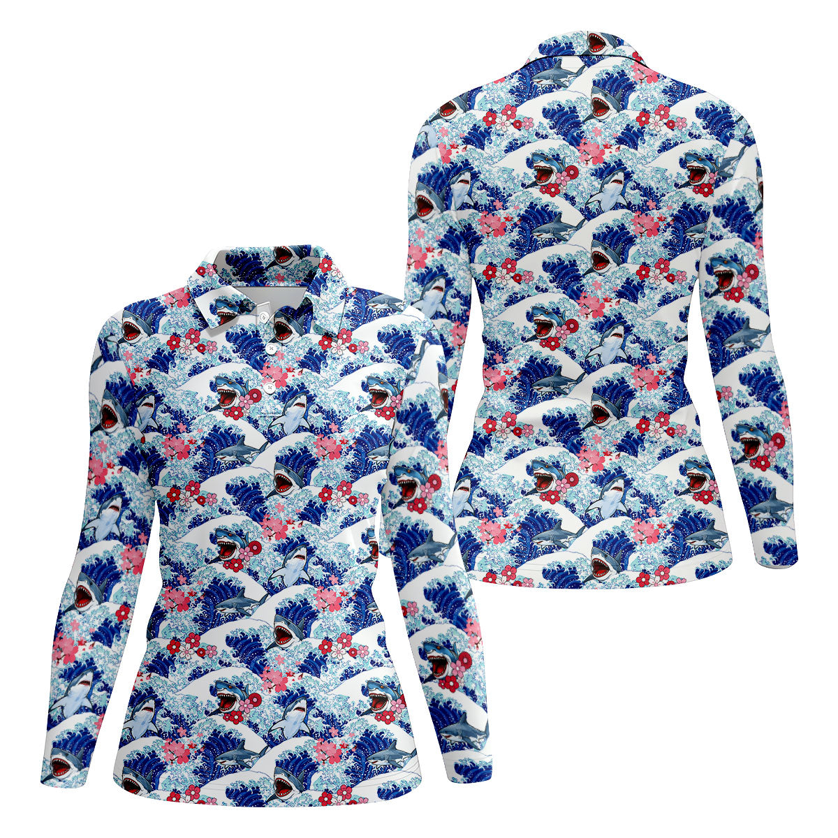 Japanese Shark Wave Sakura Golf Shirt, Women's Golf Tops, Golf Shirts For Women, Women’s Golf Apparel