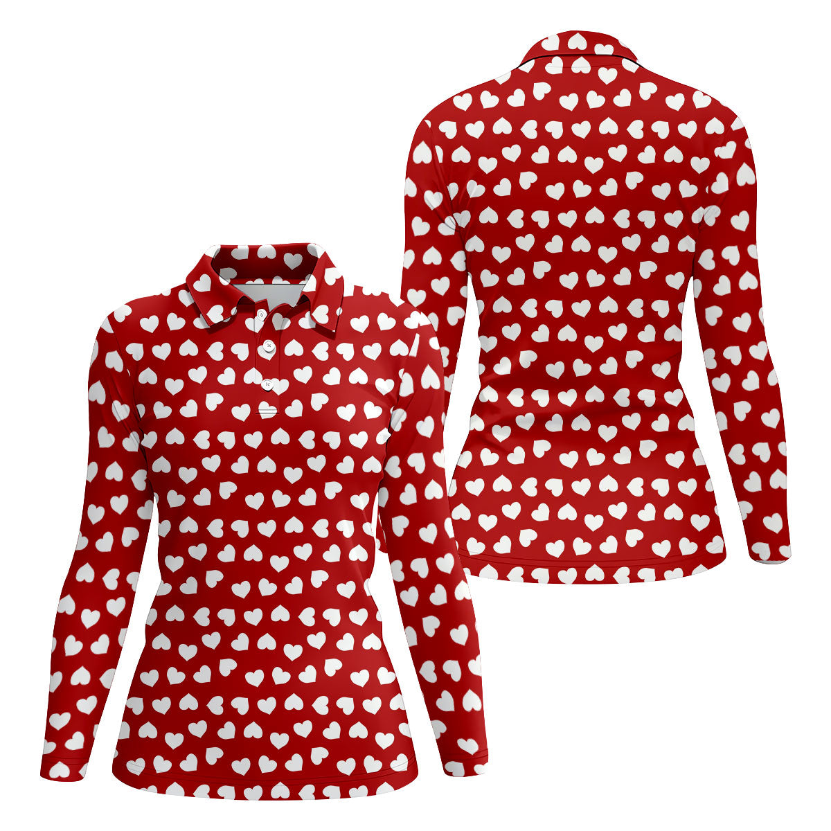 White And Red Heart Pattern Women's Golf Tops, Valentine Golf Gift, Ladies Golf Polos, Golf Gift For Ladies
