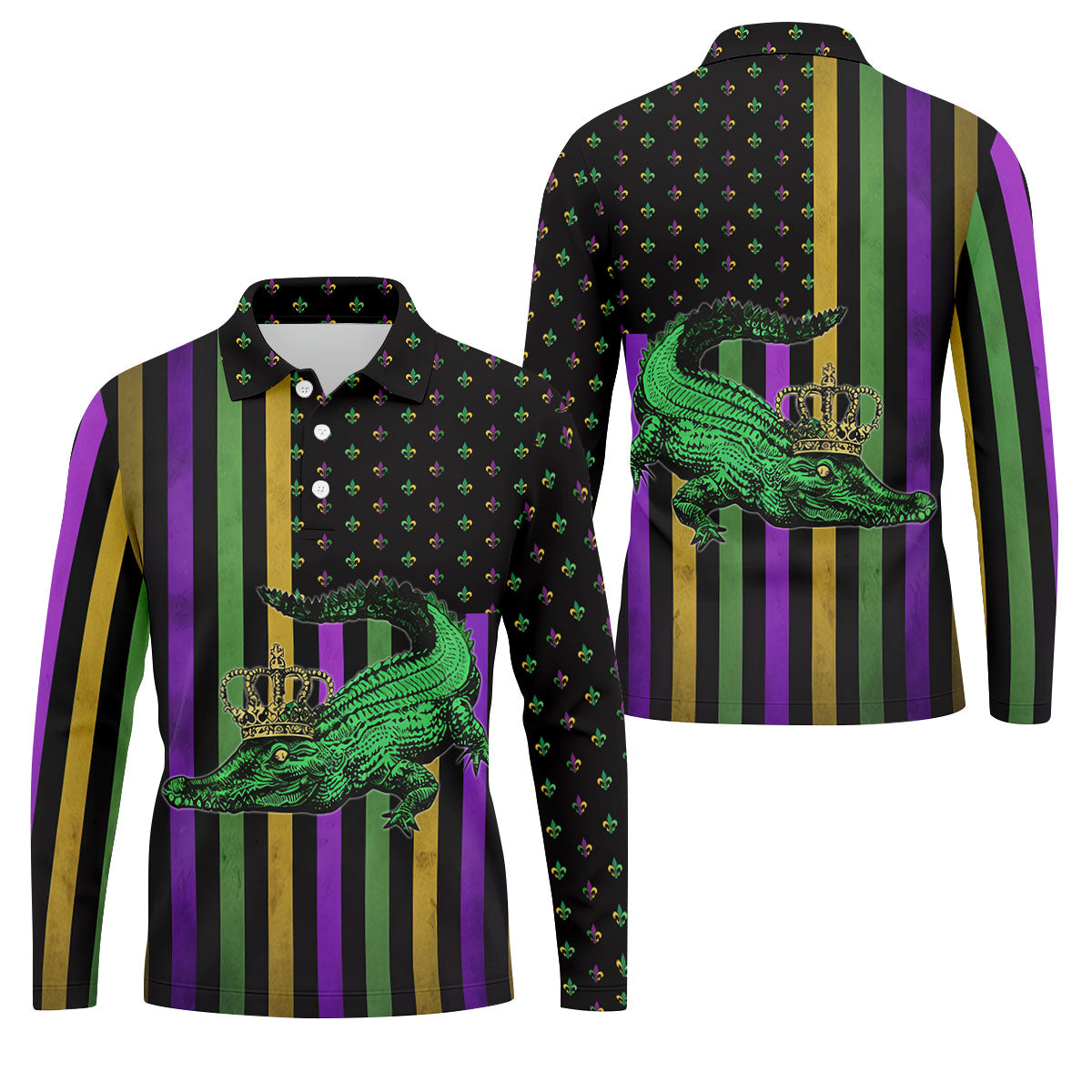 Mardi Gras Aligator Purple Green Gold Vertical Stripes Fleur De Lis Golf Tops For Men, Polo ShirtFor Men