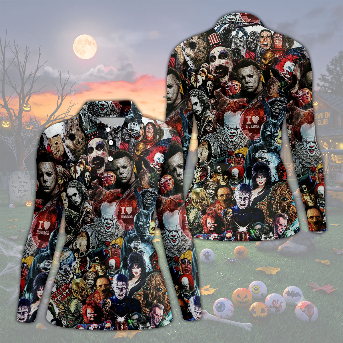 Classic Horror Icons Collage Halloween Golf Shirt, Women’s Golf Polo, Printed Golf Shirt