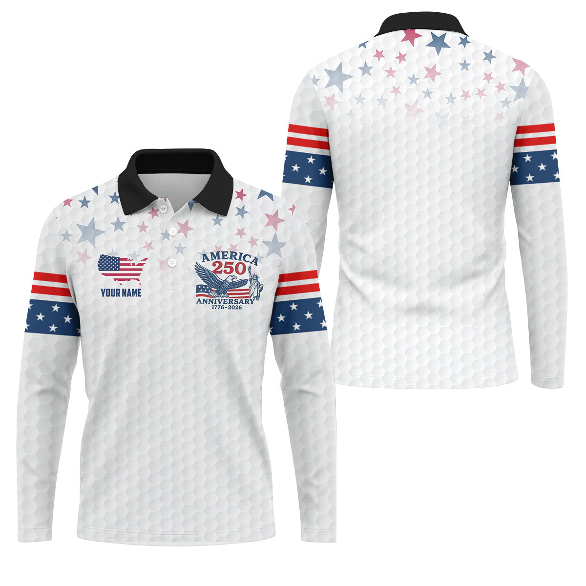 America 250th Anniversary Red White And Blue Stars White Golf Shirt, Patriotic 4th Of July Golf Shirts For Men